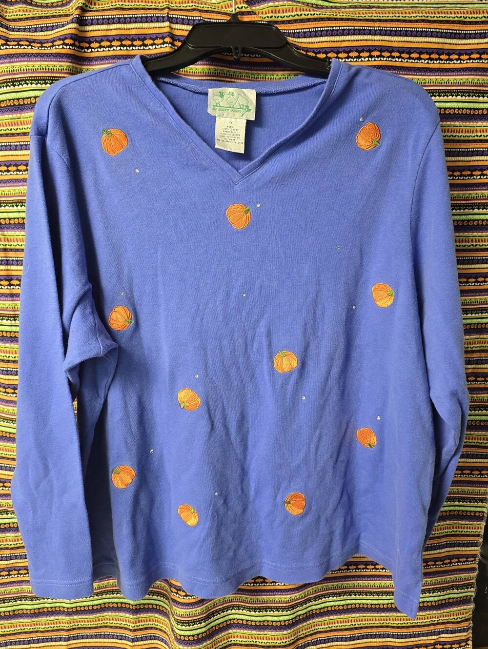 Quacker Factory Periwinkle V-Neck Long-Sleeve Top Orange Pumpkin Embroidery